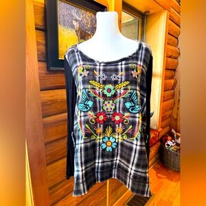 Ivy Jane Black Plaid Top with Colorful Embroidery